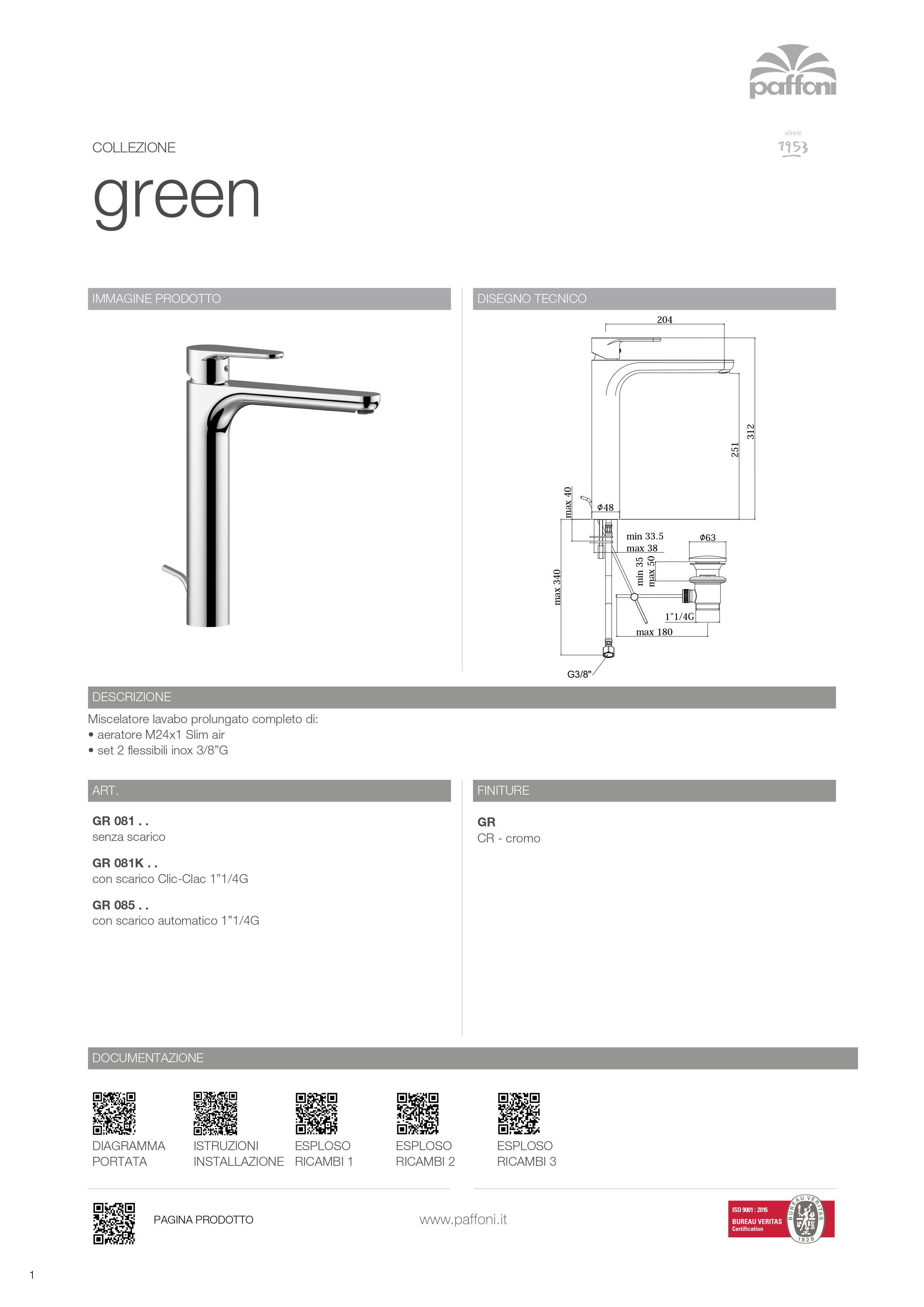 RUBINETTERIA LAVABO PAFFONI GREEN