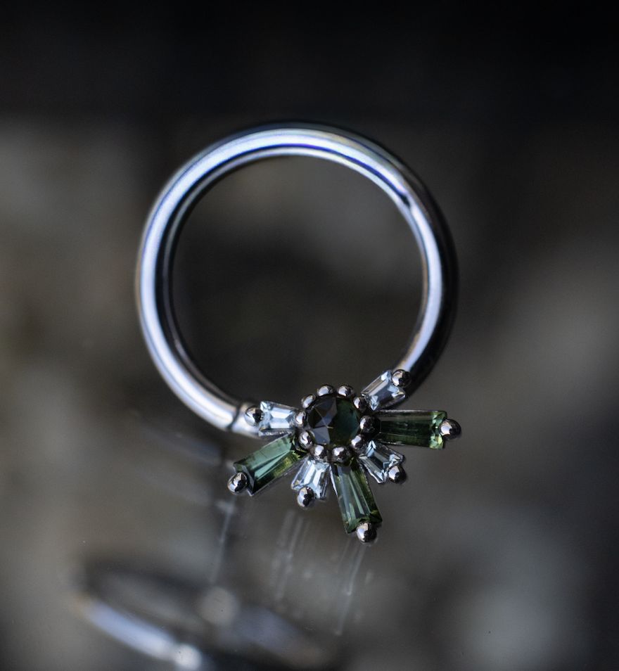 Half Mininova Seam Ring, Diameter: 16ga 11/32in, Gem: Rose Cut Green Tourmaline, Green Tourmaline, &amp; Grey Sapphire, Material: WG