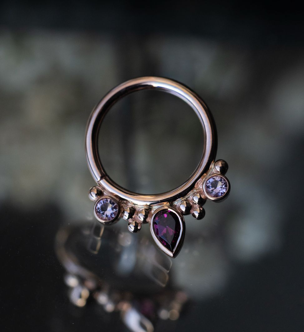 Eden Pear Seam Ring, Gem: Faceted Rainbow Moonstone, Material: YG, Size: 16ga 3/8in