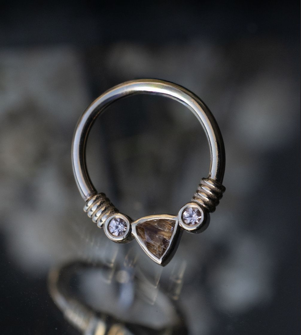Trillion Faraway Seam Ring, Diameter: 16ga 3/8in, Gem: Chatham Champagne Sapphire &amp; Copper Rutilated Quartz, Material: YG
