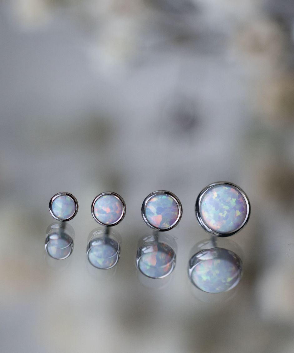 Industrial Strength Titanium Threadless Bezel Set Cabochon, Gem: White Opal, Size: 2mm