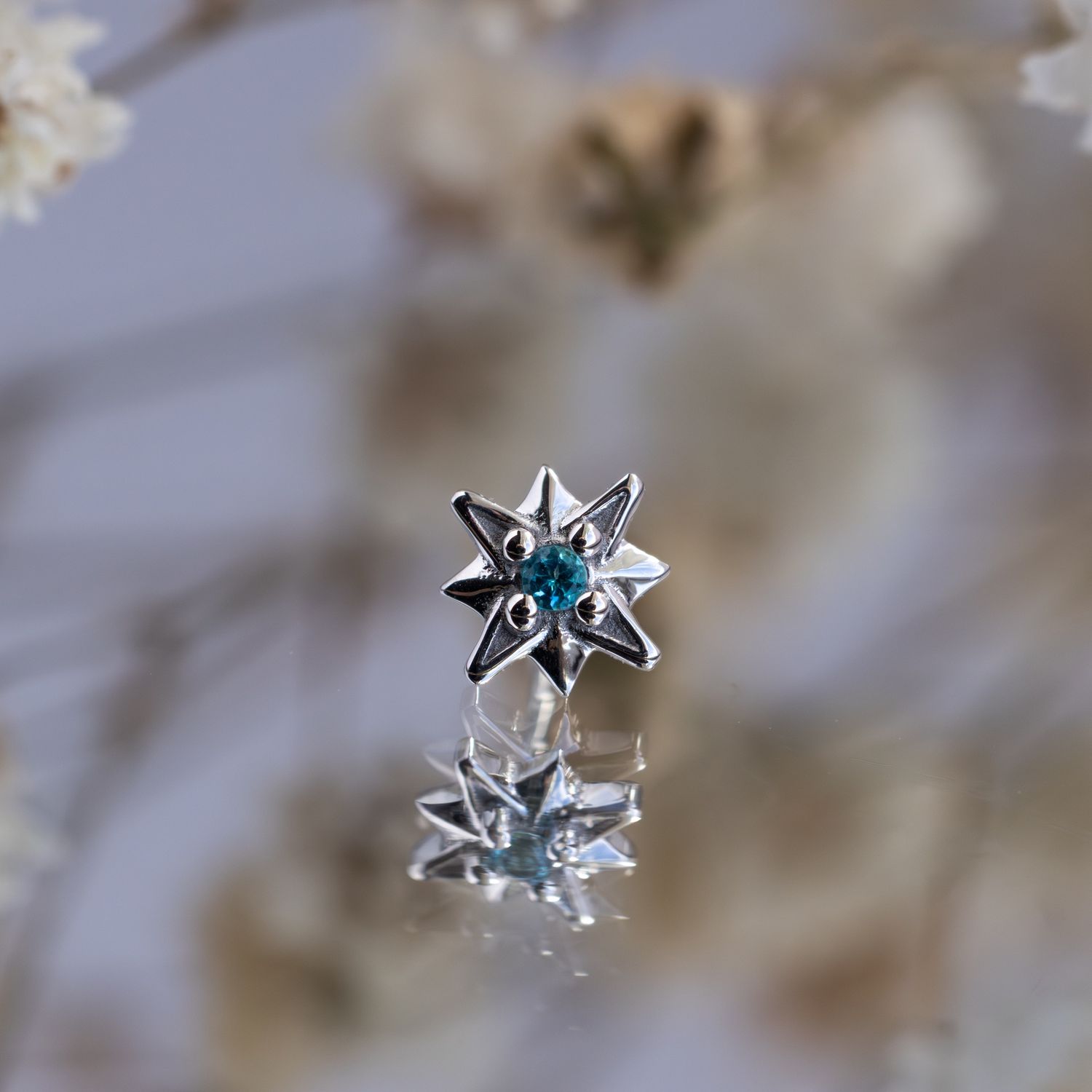 Threadless Icy Starburst - 4mm, Gem: Paraiba Topaz, Material: WG