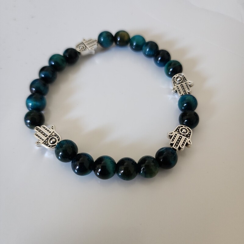 Blue tigers eye with hamsa hands bracelet