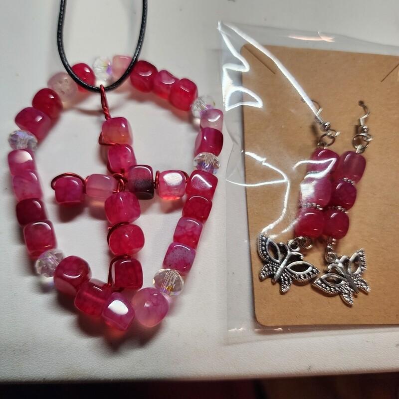 Red lace agate bracelet, cross &amp; earring set