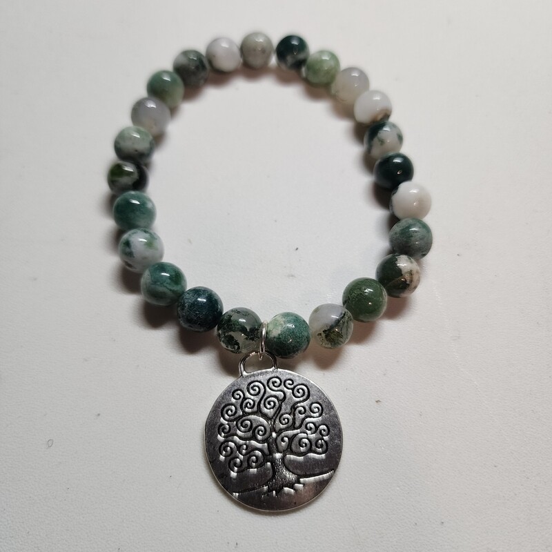 Green moss agate bracelet with tree of life pendant