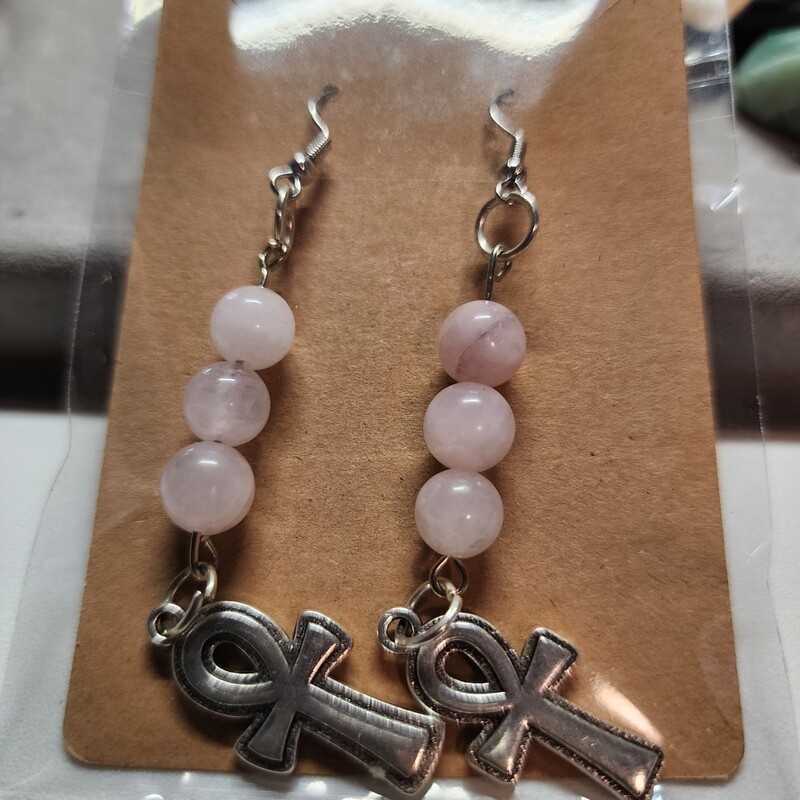 Ankh earrings with rose quartz beads