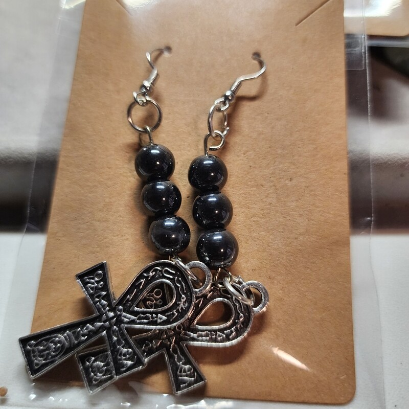 Ankh earrings with hematite beads