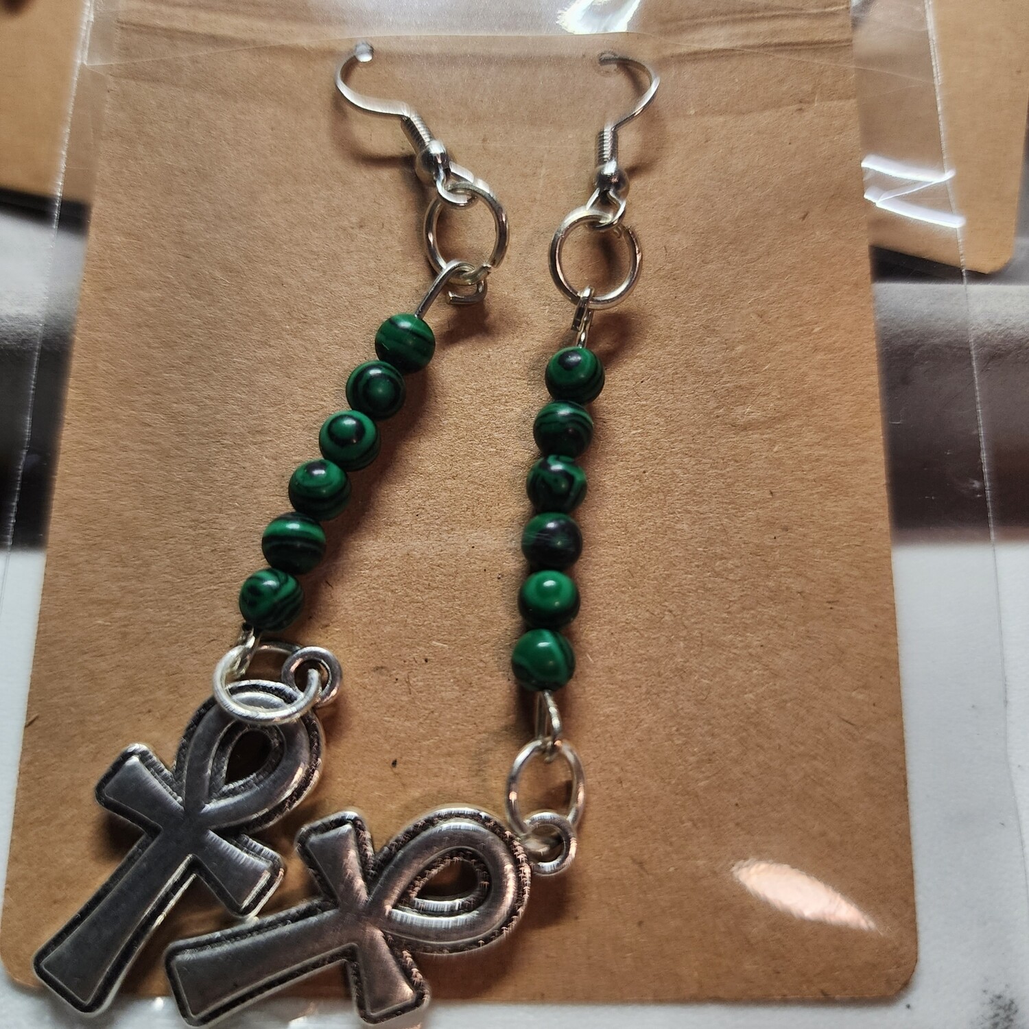 Ankh earrings with malachite beads