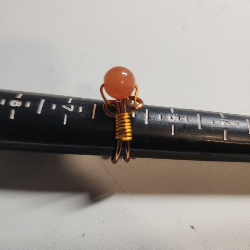 Adjustable ring - orange jade in bronze and copper wire