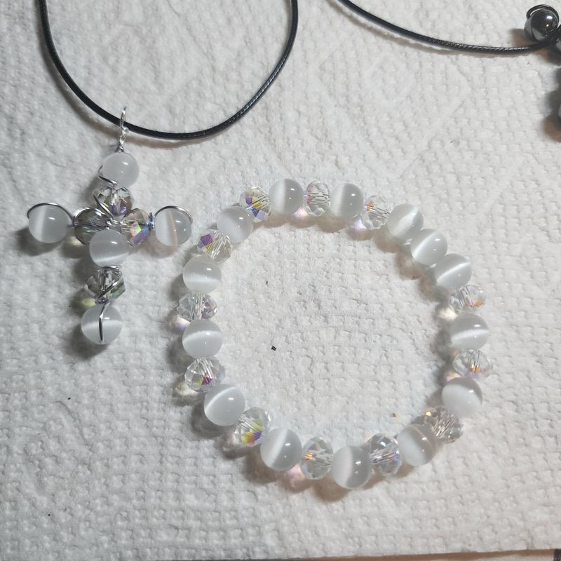 Selenite cross and bracelet set