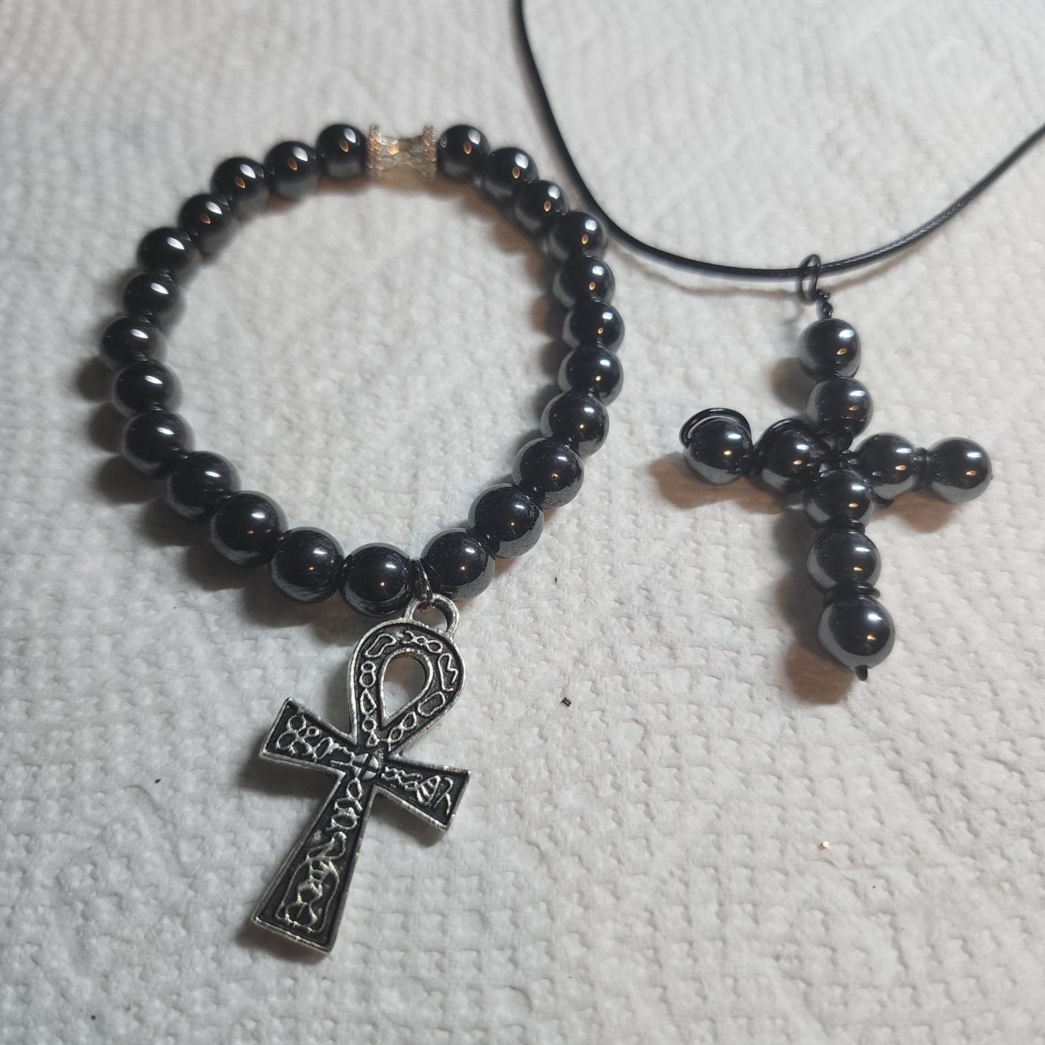 Black hematite cross and bracelet set