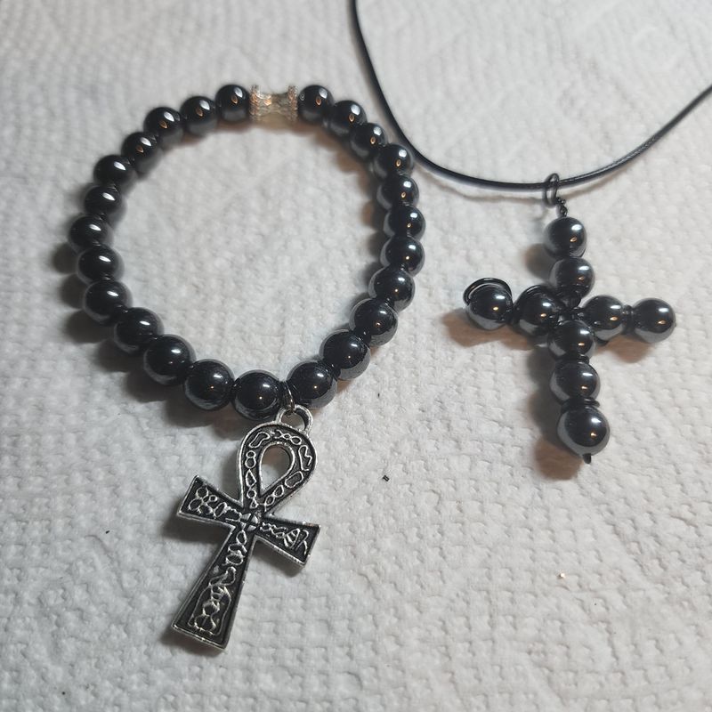 Black hematite cross and bracelet set