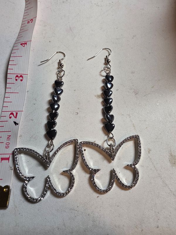 Silver hematite hearts with butterflies earrings