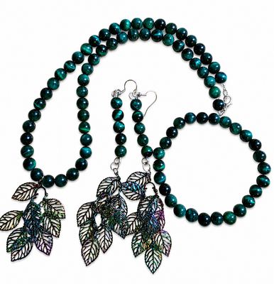 Necklace bracelet and earring set, green tigers eye