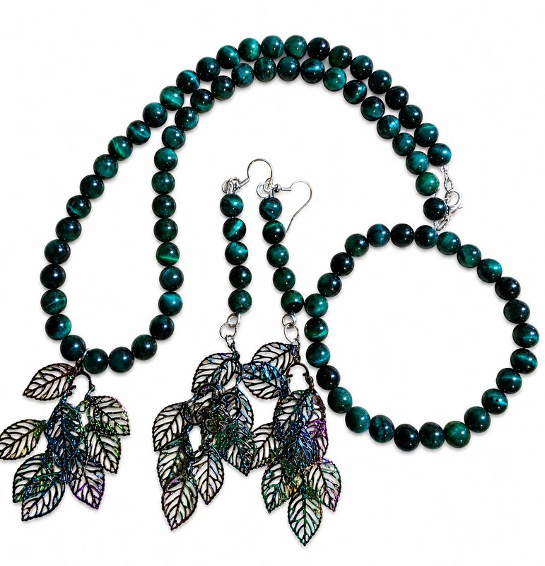 Green Tigers eye necklace, bracelet and earring set