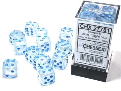 Chessex Borealis 16mm d6 Icicle/light blue Luminary Dice Block (12 dice)