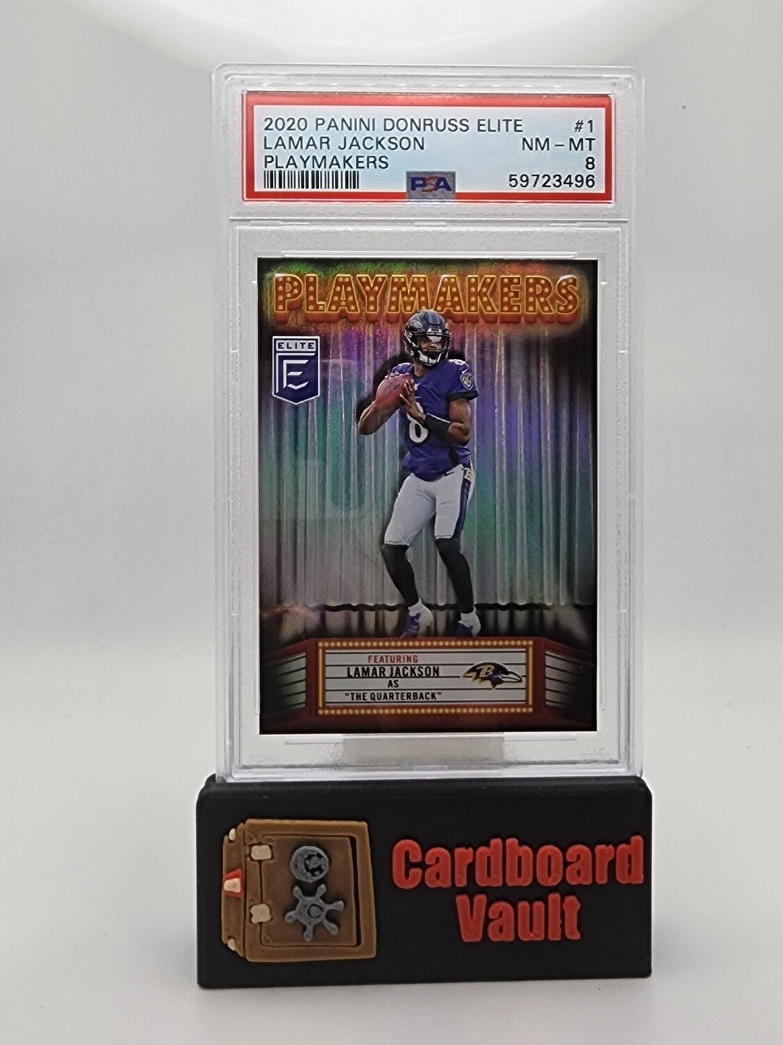 2020 Donruss Elite Playmakers Lamar Jackson #1 PSA 8