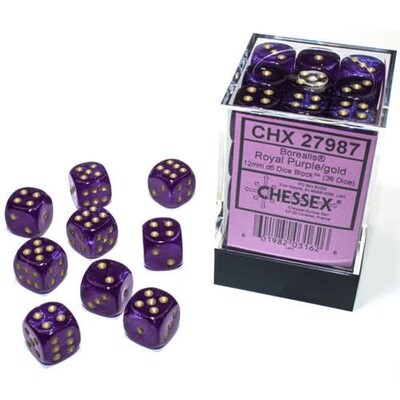 Chessex Borealis 12mm d6 Royal Purple/gold Luminary Dice Block (36 dice)