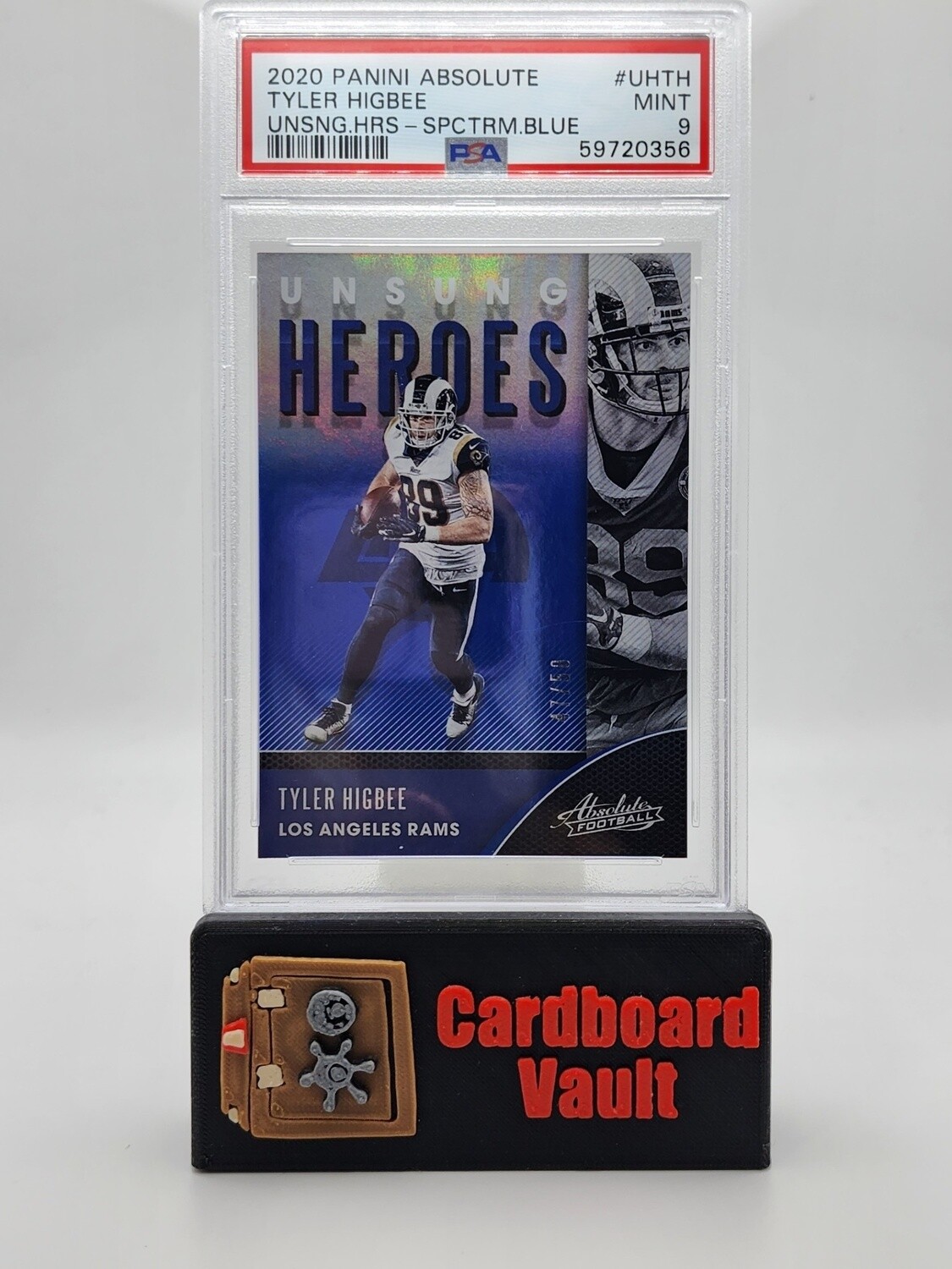 2020 Absolute Unsung Heroes Tyler Higbee No. UH-TH Spectrum Blue 47/50 PSA 9 59720356