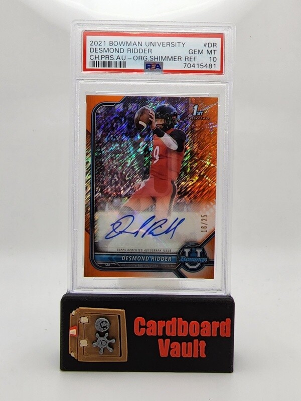 2021 Bowman University Desmond Ridder Chrome Prospect Autograph No. BCPA-DR Orange Shimmer Refractor 16/25 PSA 10
