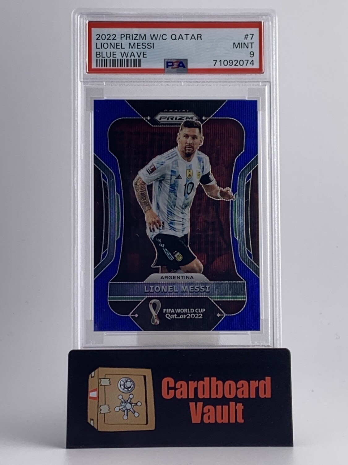 2022 Prizm World Cup Qatar Lionel Messi Blue Wave #7 PSA 9