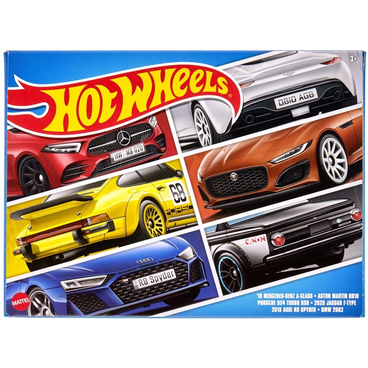 2023 Hot Wheels European Themed Mix 2 Vehicles Muti-Pack &#39;19 Mercedes-Benz A-Class/Aston Martin DB10/Porsche 934 Turbo RSR/2020 Jaguar F-Type/2019 Audi R8 Spyder/ BMW 2002