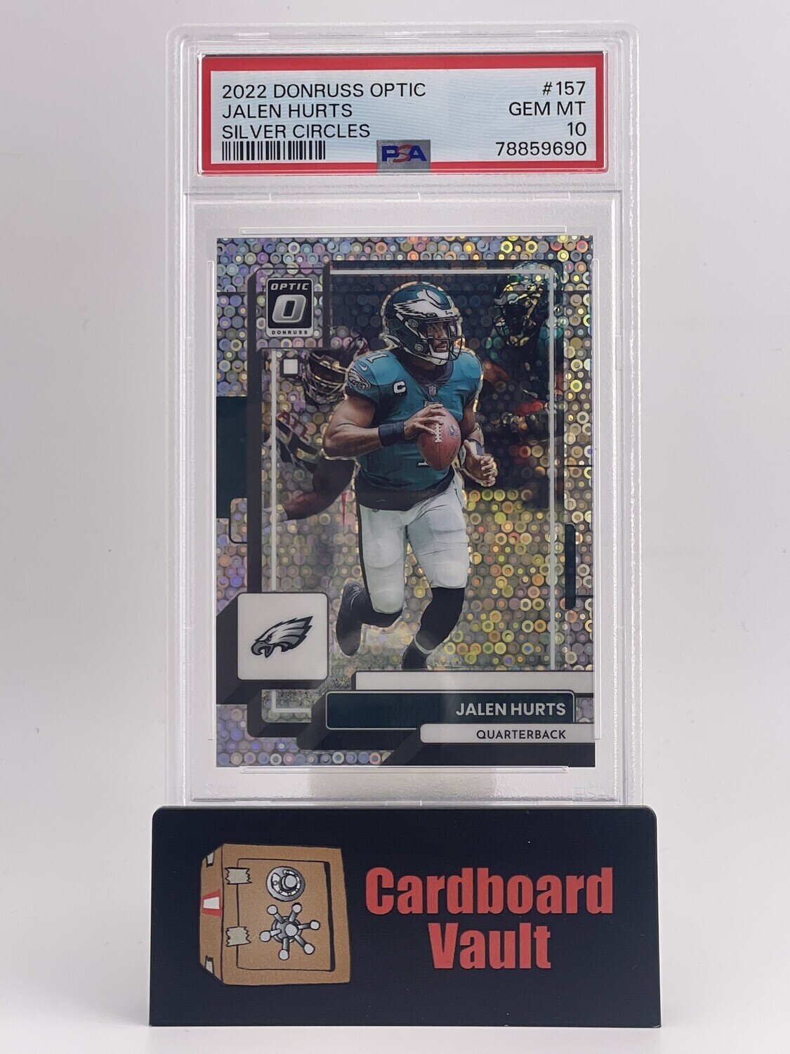 2022 Donruss Optic Jalen Hurts Silver Circles 157 001/125 PSA 10 (Jersey Match)