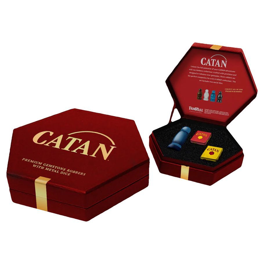 FanRoll: 3CT CATAN Premium Metal Cat&#39;s Eye Aquamarine Robber Dice Set
