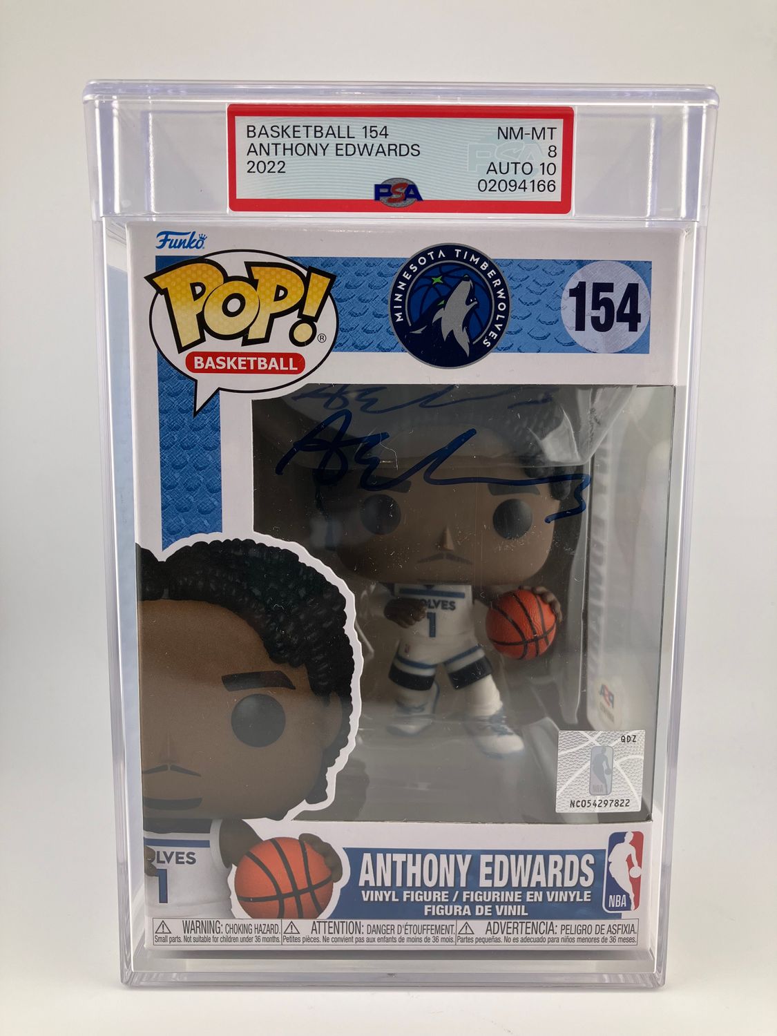 Timberwolves Anthony  Edwards 154 Funko Pop Autograph PSA 8 Auto 10 02094166