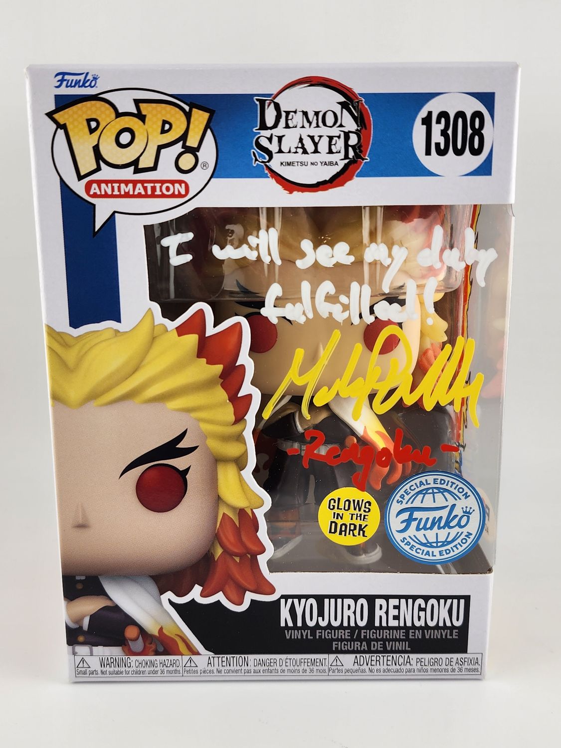 Demon Slayer Kyojuro Rengoku #1308 PSA Authenticated Autograph Glow In The Dark Funko Pop