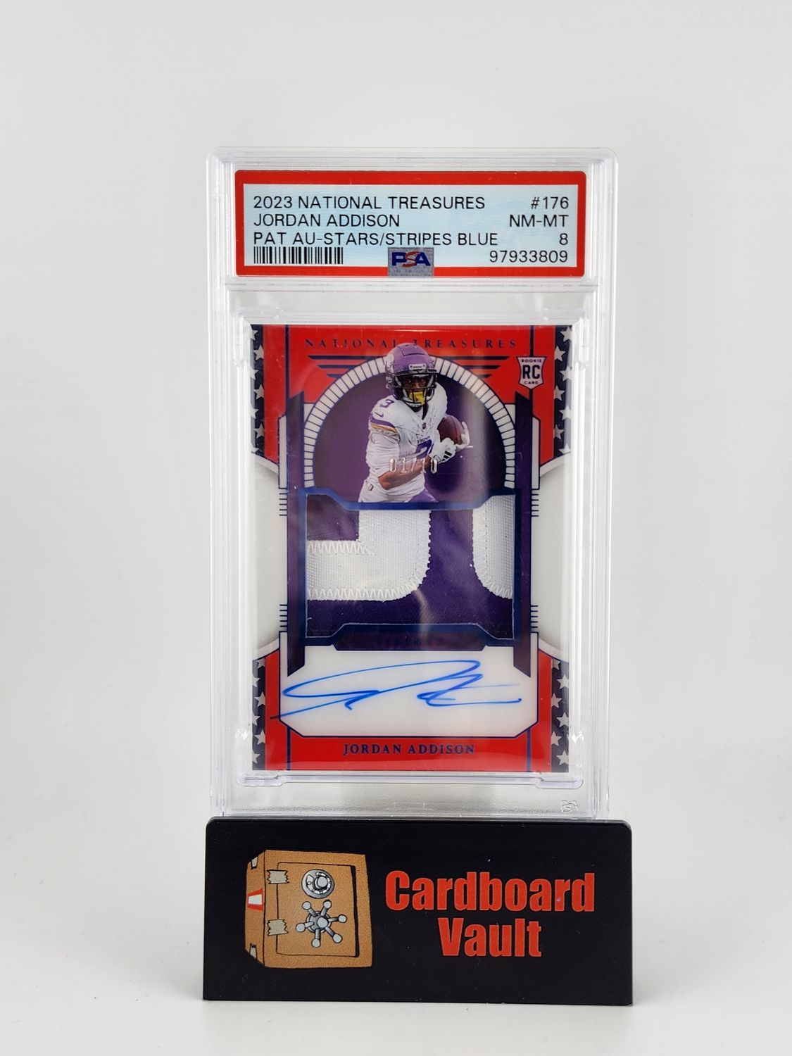 2023 National Treasures Jordan Addison Dual Color Patch Autograph RC #176 Stars and Stripes Blue 01/10 PSA 8 97933809