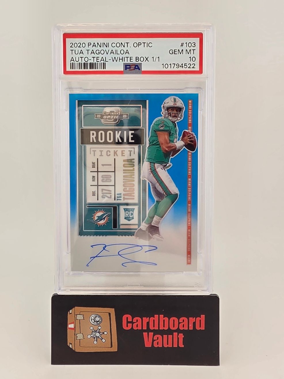 2020 Panini Contenders Optic Tua Tagovailoa Rookie Ticket Autograph #103 Teal-White Box 1/1 PSA 10 101794522