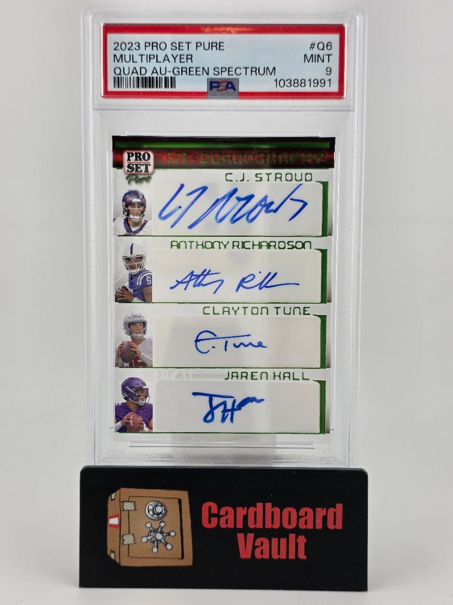 2023 Pro Set Pure CJ Stroud Anthony Richardson Clayton Tune Jaren Hall Quadography Autograph #Q6 Green Spectrum PSA 9 103881991
