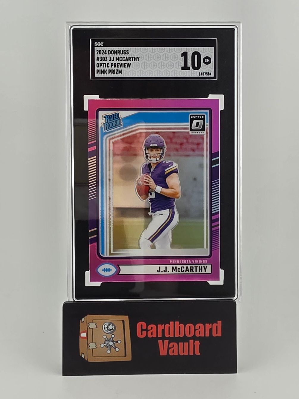 2024 Donruss Rated Rookie JJ McCarthy #303 Optic Preview Pink Prizm SGC 10 1457584