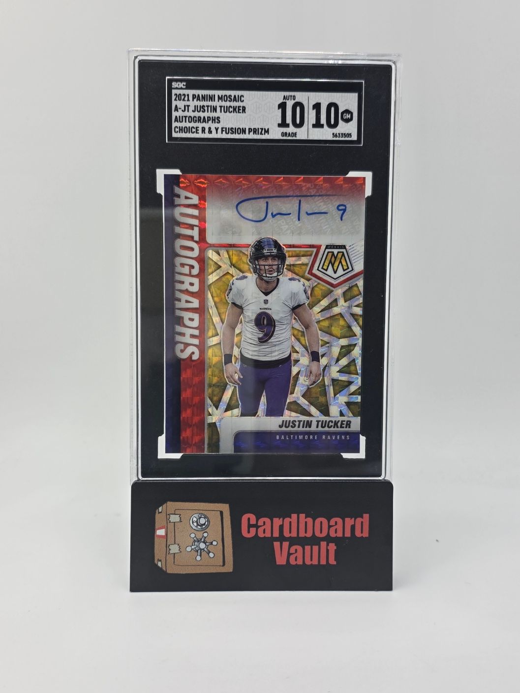 2021 Panini Mosaic Justin Tucker Autographs #A-JT Choice Red and Yellow Fusion Prizm SGC 10 5633505