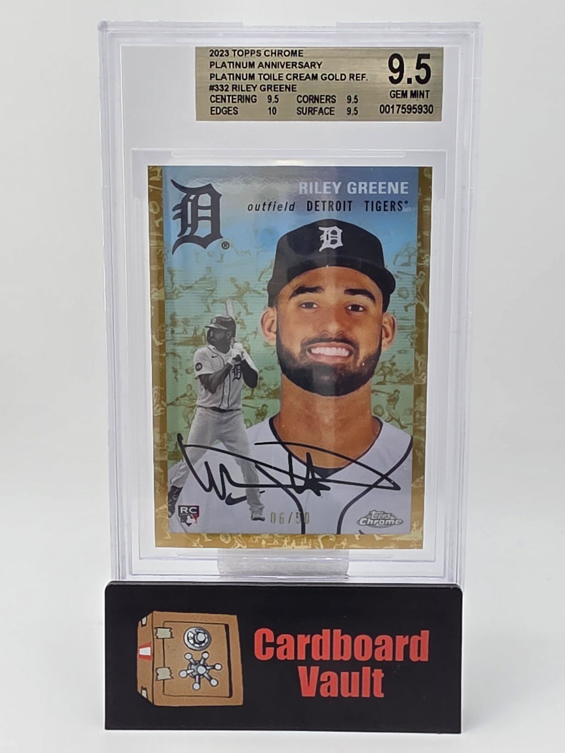 2023 Topps Chrome Platinum Anniversary Riley Greene #332 Platinum Toile Cream Gold Refractor 06/50 Beckett 9.5 0017595930