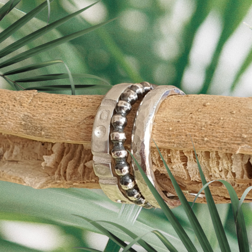 Conjunto de apilables, 3 anillos, Martelé, Étnico y Bolas.