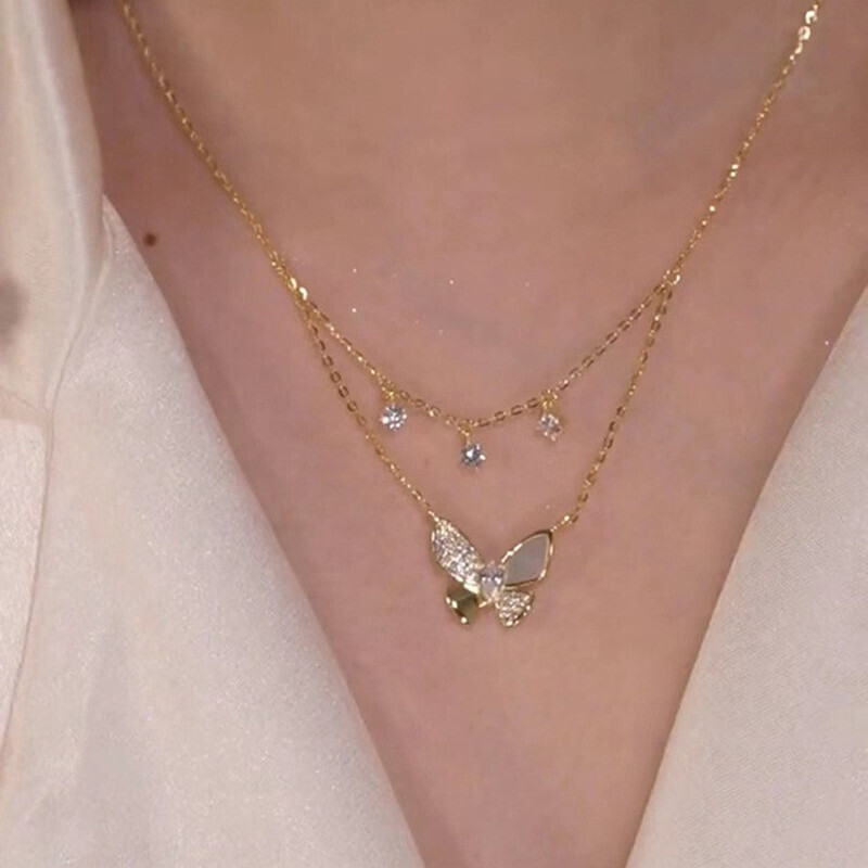 Zircon incrustada borboleta dourada pingente dupla camada colar personalidade feminina moda colar jóias de casamento presentes de aniversário