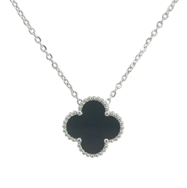 Black Four Leaf Clover Necklace - Silver