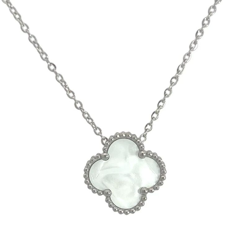 White Four Leaf Clover Necklace - Silver