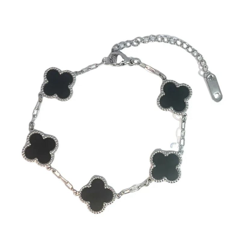 Black Four Leaf Clover Bracelet - Silver