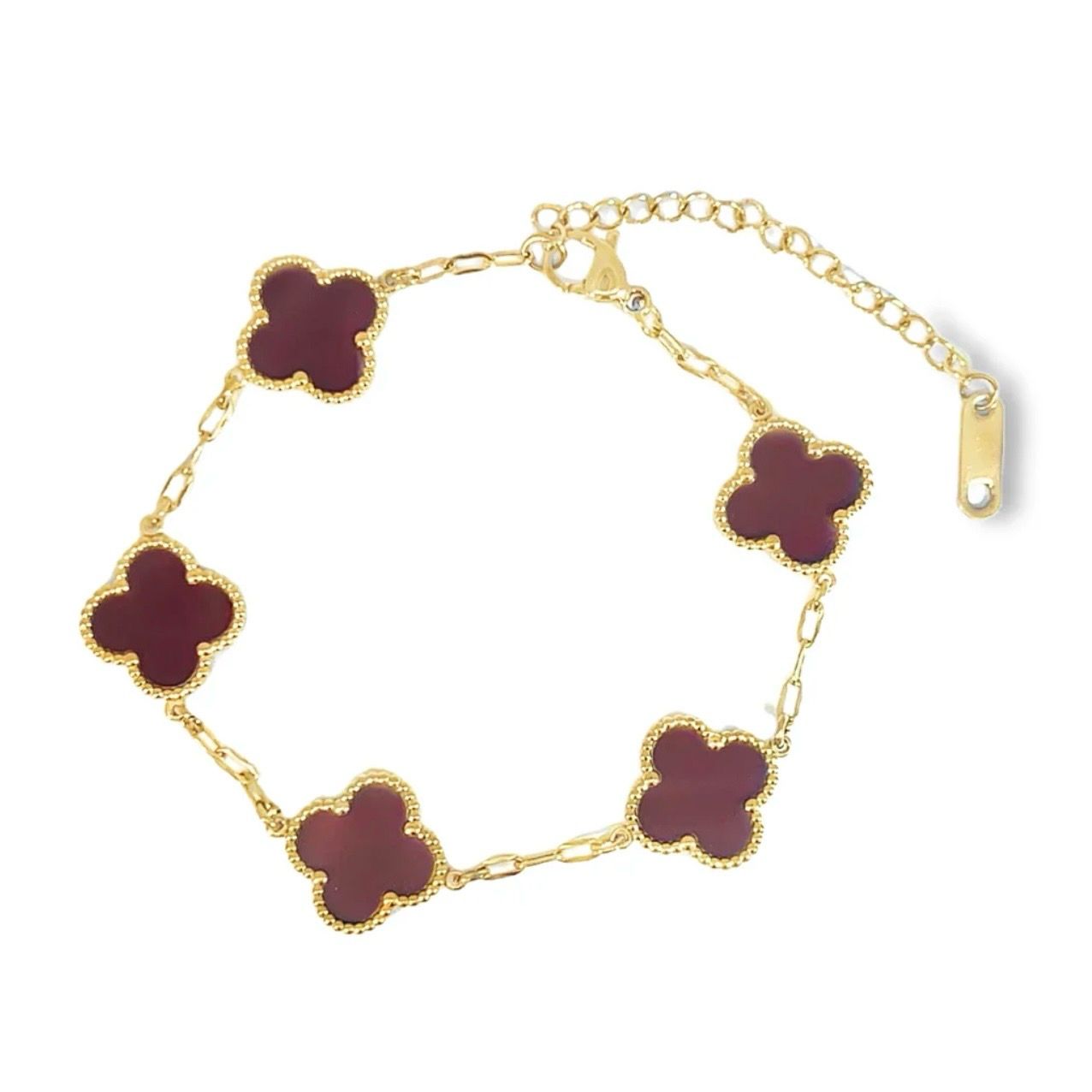 Dark Red Four Leaf Clover Bracelet - 18K Gold Plated