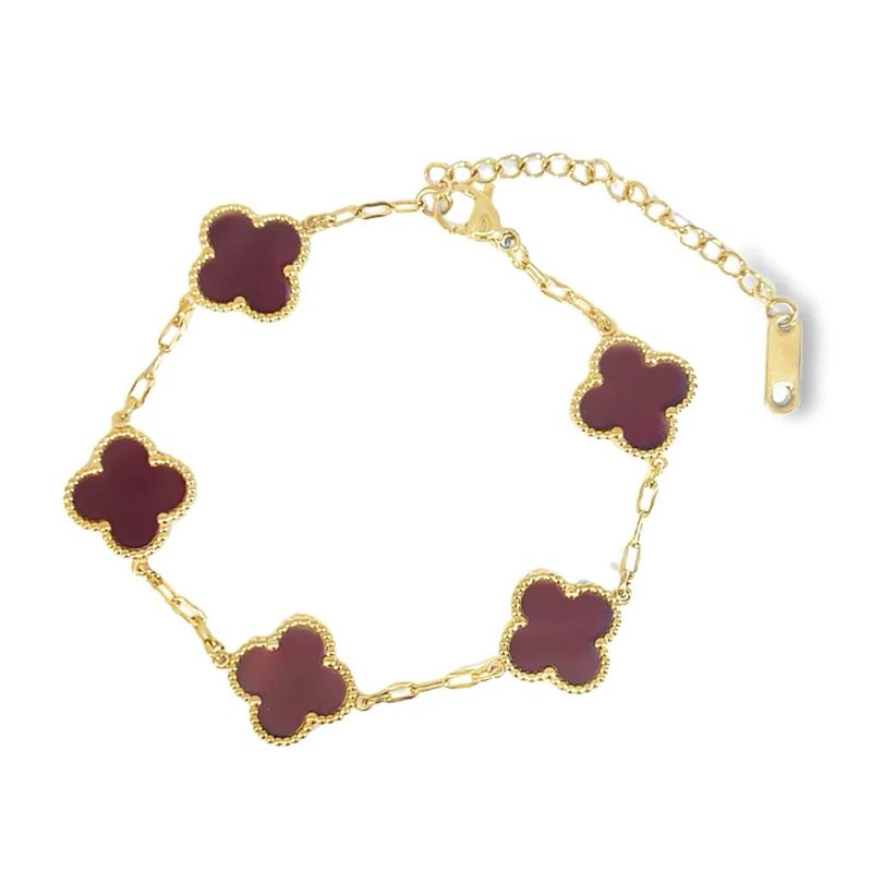 Dark Red Four Leaf Clover Bracelet - 18K Gold Plated
