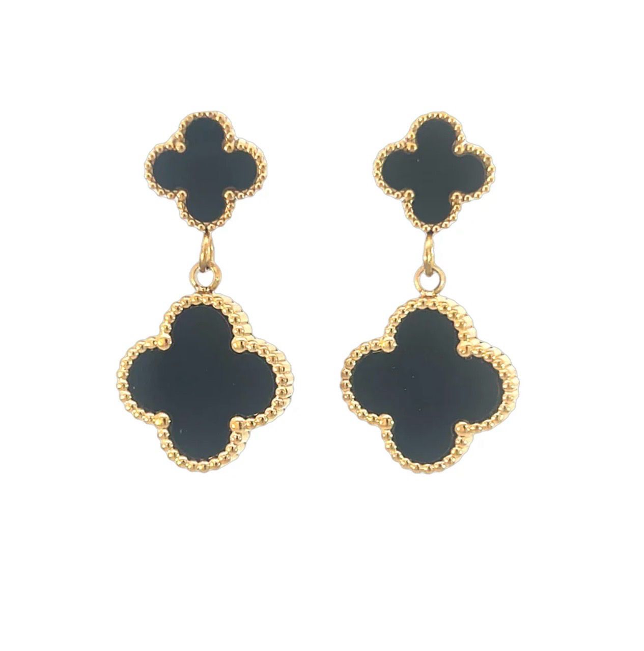 Double Drop Black Four Leaf Clover Stud Earrings - 18K Gold Plated Double Drop Black Four Leaf Clover Stud Earrings - 18K Gold Plated