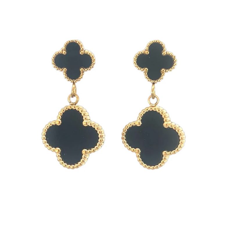 Double Drop Black Four Leaf Clover Stud Earrings - 18K Gold Plated