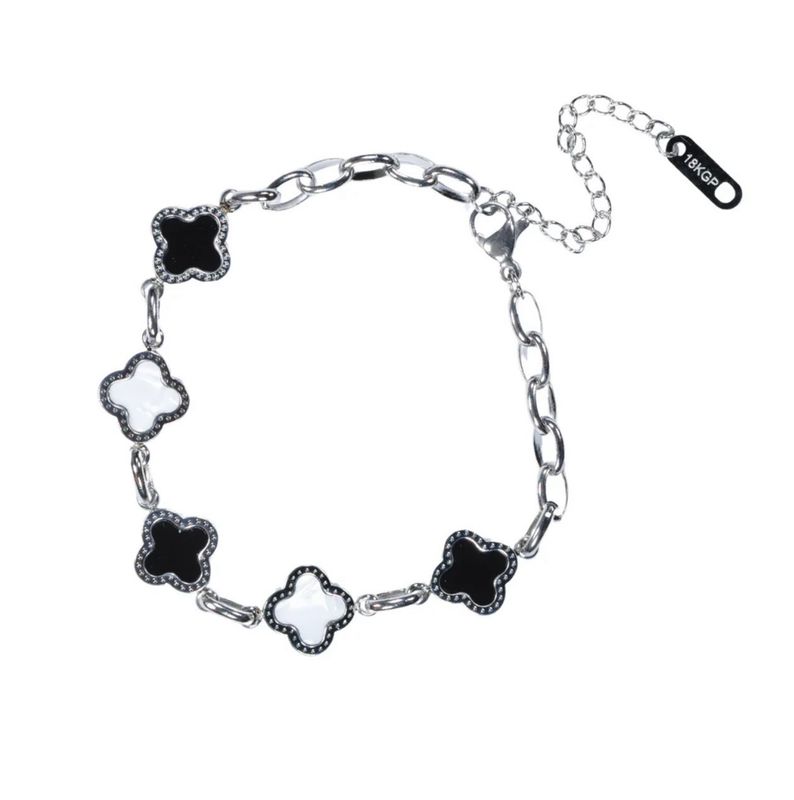 Black & White Four Leaf Clover Bracelet - Silver