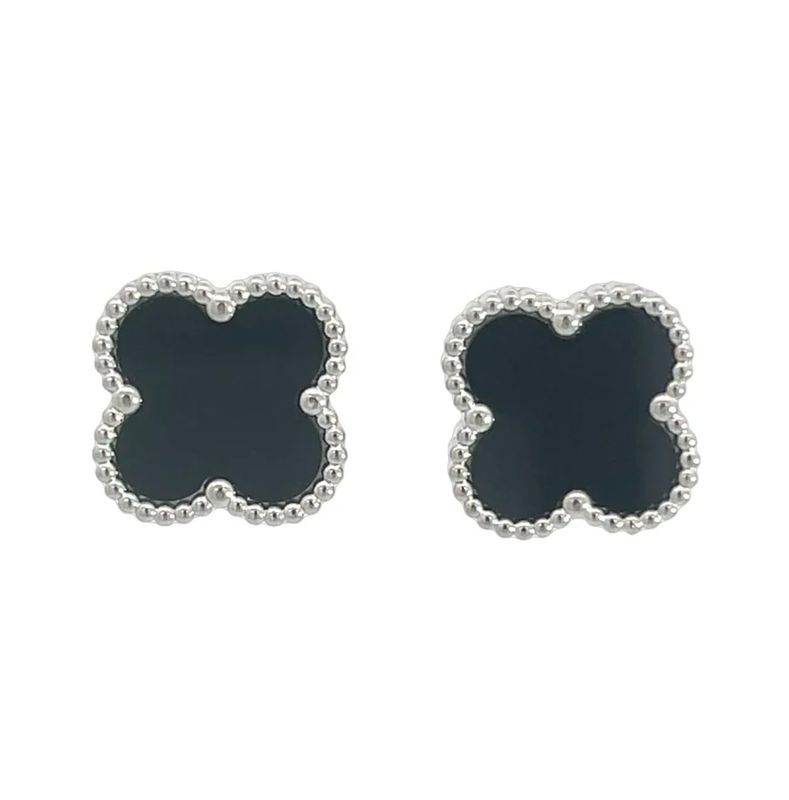 Black Four Leaf Clover Stud Earrings - Silver