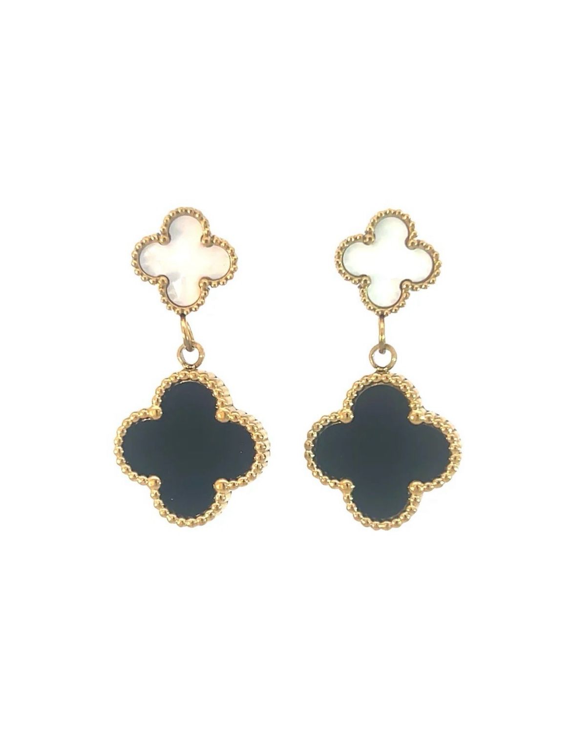 White & Black Double Four Leaf Clover Earrings - 18K Gold Plated White & Black Double Four Leaf Clover Earrings - 18K Gold Plated