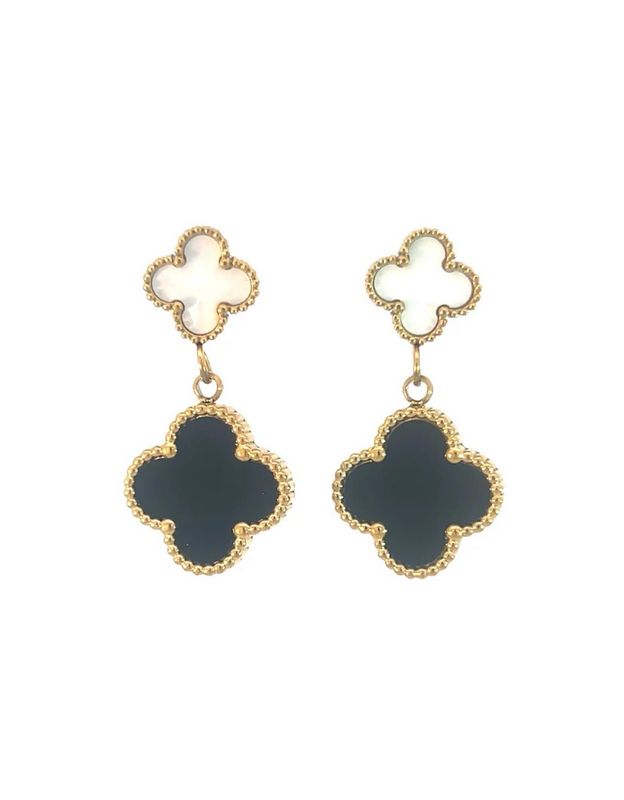 White & Black Double Four Leaf Clover Earrings - 18K Gold Plated