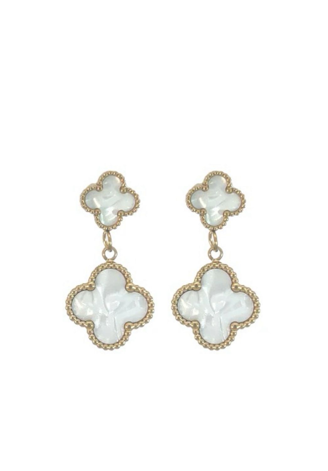 White Double Four Leaf Clover Earrings - 18K Gold Plated